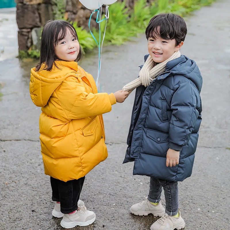 

New Winter Long Thick Down Jacket For Children 3-12 years Old Boys Girls Clothes Solid Hooded Coat Kids Snowsuit Warm Outerwear