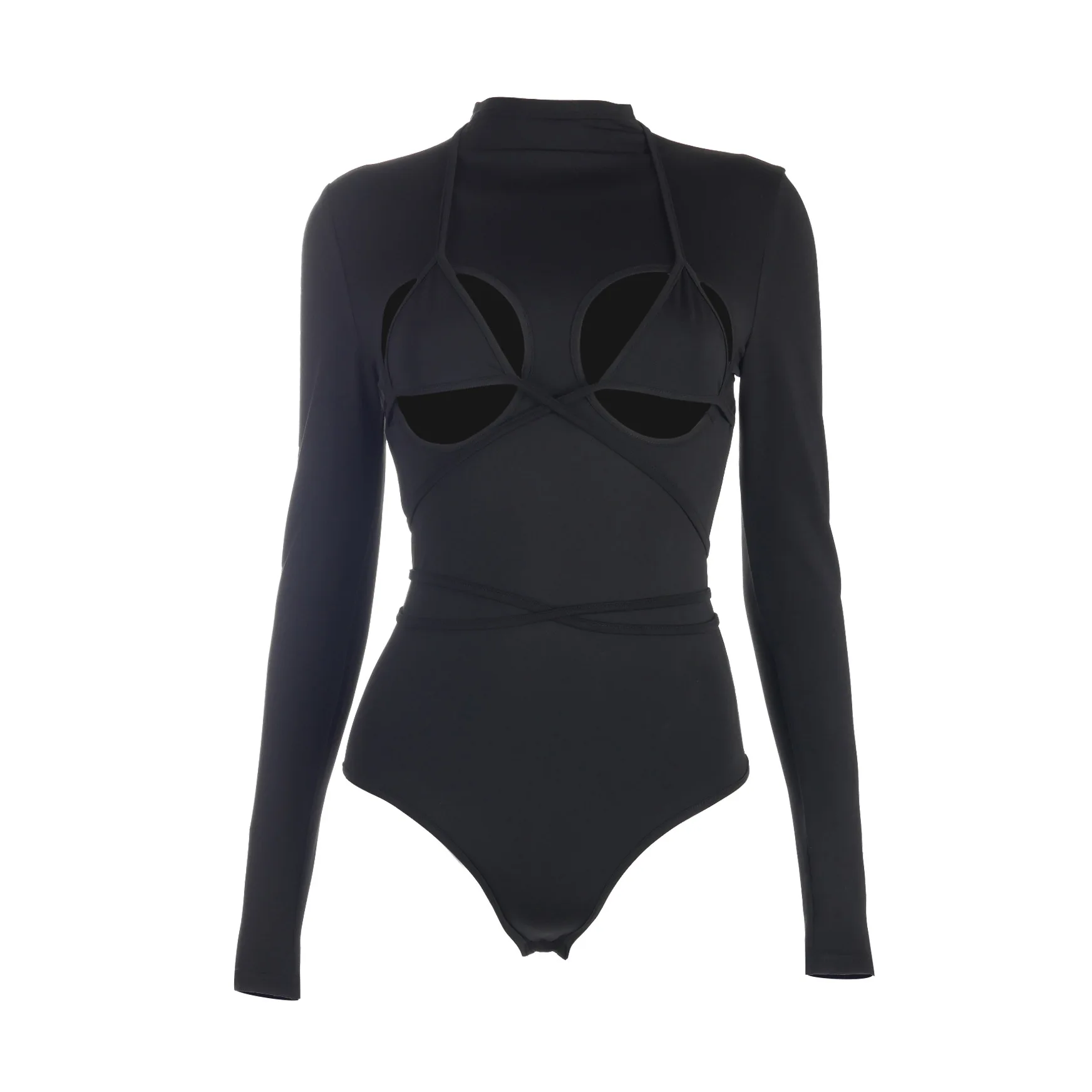 Shestyle Hollow Out Sexy Bodysuits Women Spring New Style Arivals Mock Neck Black Solid Bandage Wrap Body Top Clothing nude bodysuit