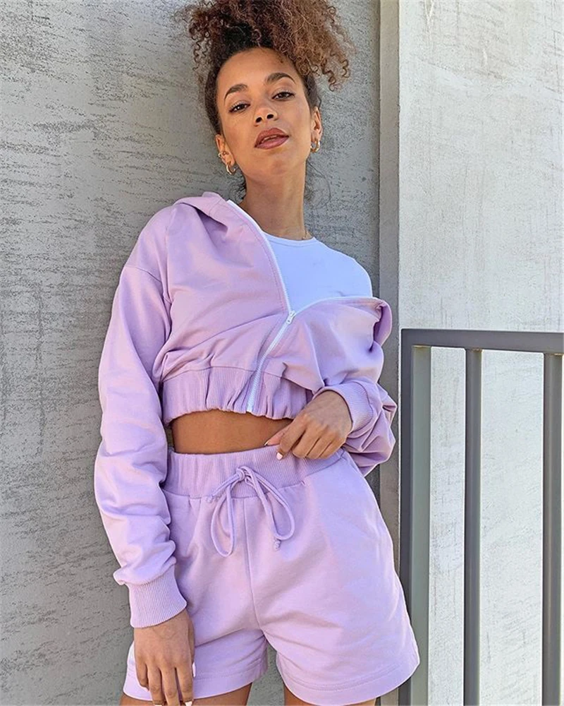 

Женские хлопковые комплекты одежды, однотонные толстовки на молнии с длинным рукавом, укороченный топ со шнуровкой на талии, спортивные нар...