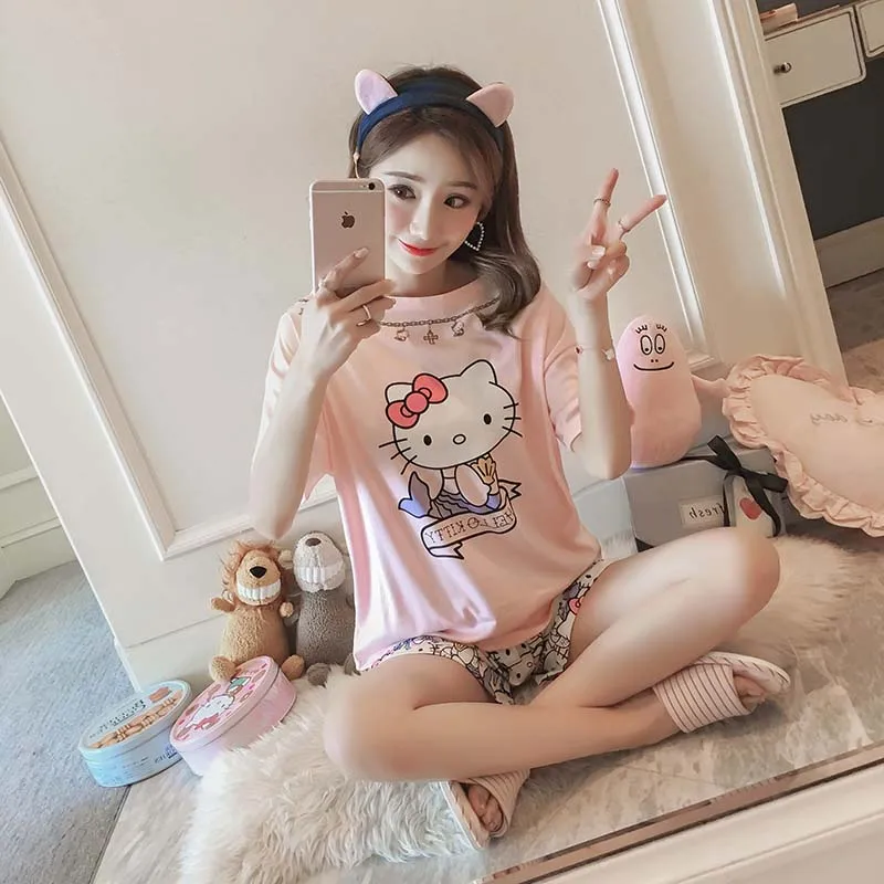 Женская фланелевая ночная рубашка hello kitty с длинным рукавом, банный халат, штаны, зимняя Милая Пижама с рисунком, Женская домашняя одежда, комплект одежды для сна
