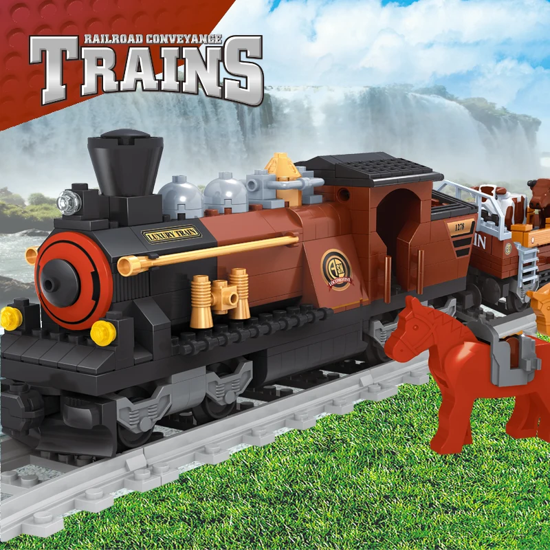 

Vintage Chimney Train Model Building Blocks Boys Toy Railway Freight Trains Railroad Toys for Children Kids Bricks Playthings