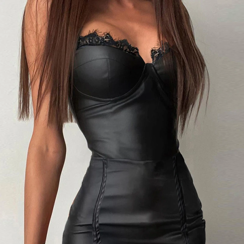 

Women Plain PU Leather Lace Plunge Zipper Deco Bodycon Dress 2021 Femme Sexy Solid Strap Mini Robe Lady y2k Clothing Vestidos