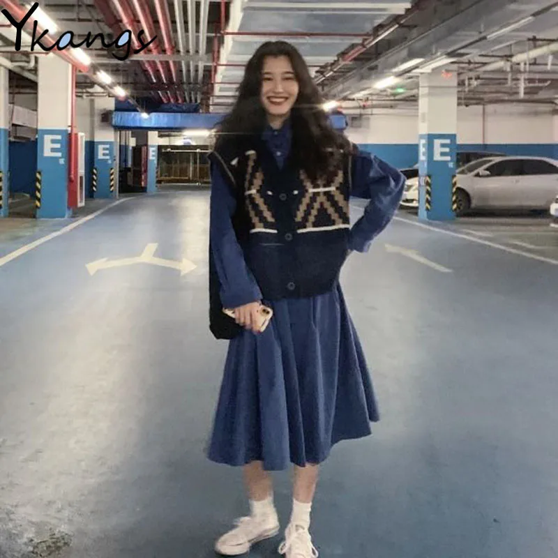 Женское длинное платье винтажный комплект из 2 предметов голубое свободное