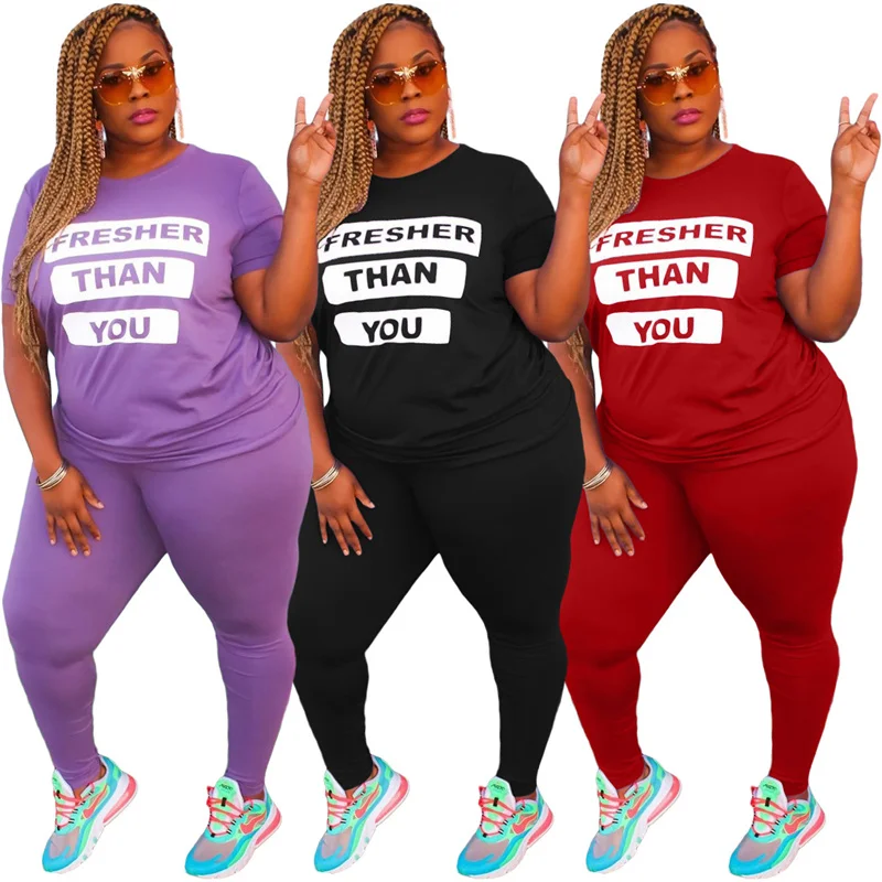 

Plus Size 5xl Two Piece Set Women Wholesale New Pants Sets Crop Top and Leggings Elastic Waist Letter Print Stretch Dropshipping