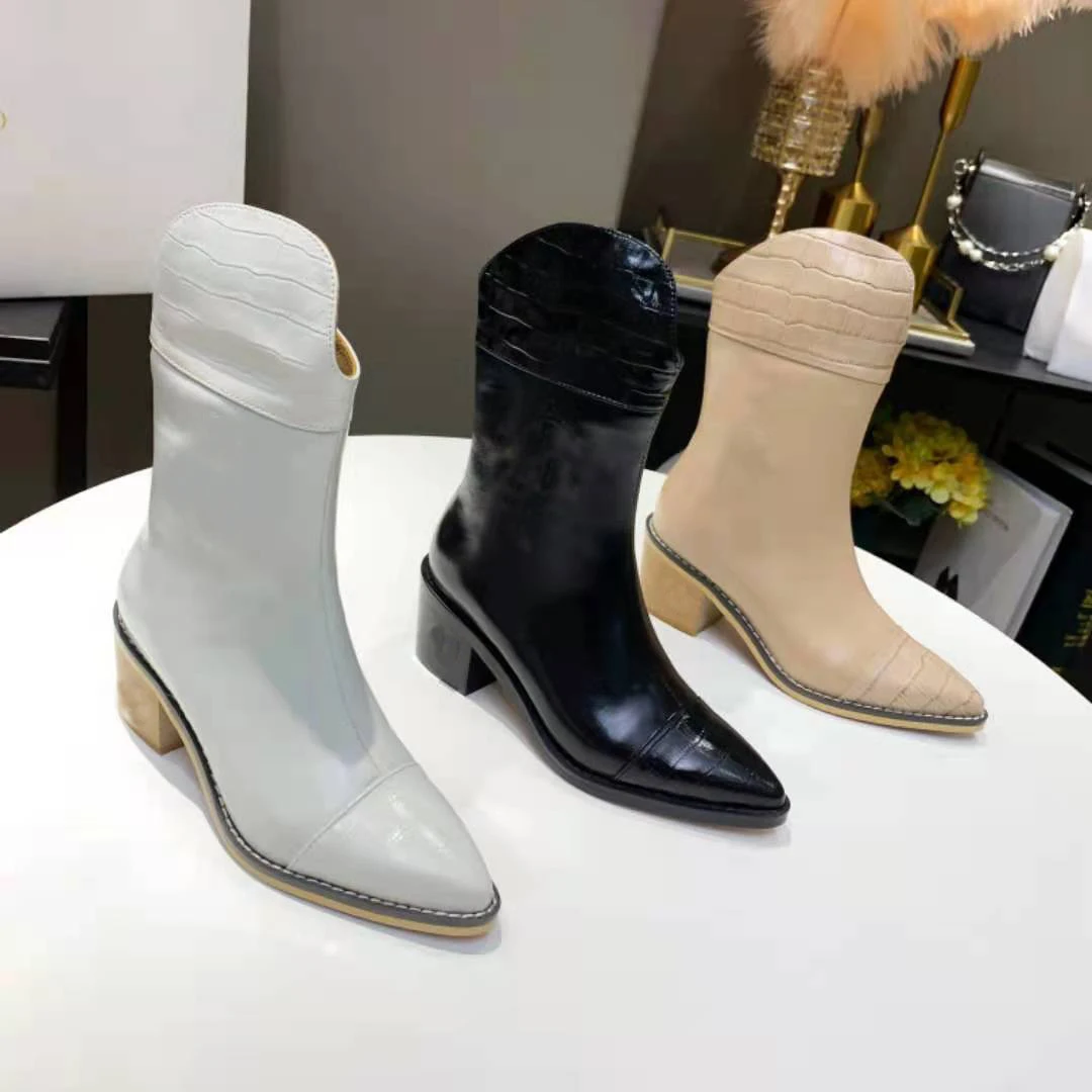 

Vallu 2021 winter high-grade crocodile leather stitching leather plain small tube thin foot boots