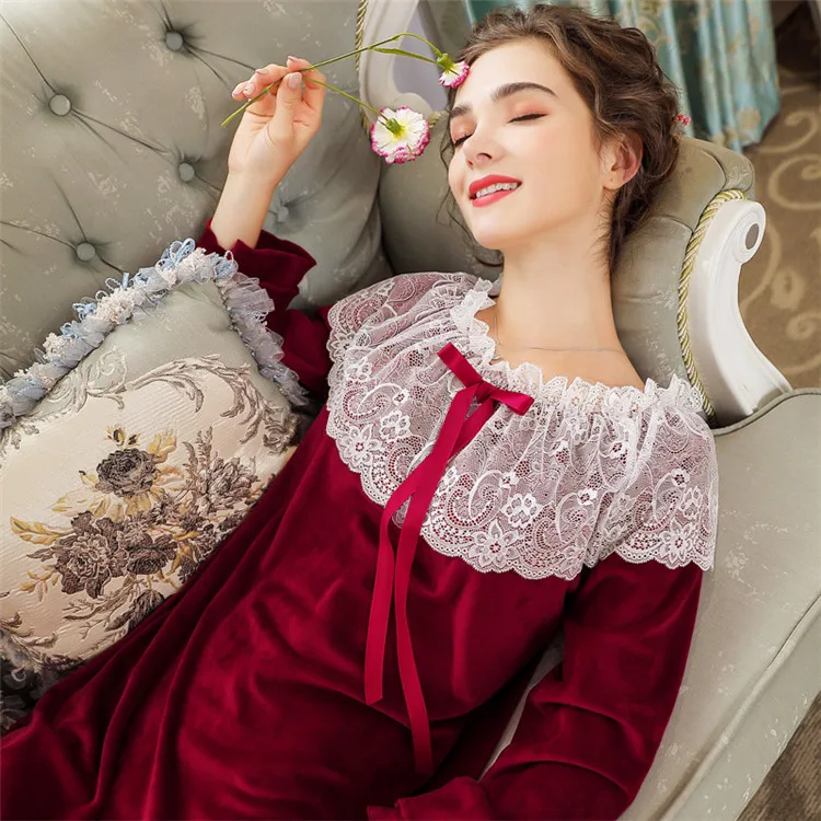 Burgundy Осенние женские сексуальные бархатные ночные рубашки женские Зимние флисовые кружевные милые ночная рубашка "Принцесса" элегантные ретро пижамы домашнее платье - Цвет: Burgundy