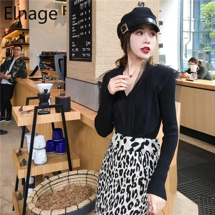 Elnage/модные однотонные трикотажные рубашки с длинными рукавами и v-образным