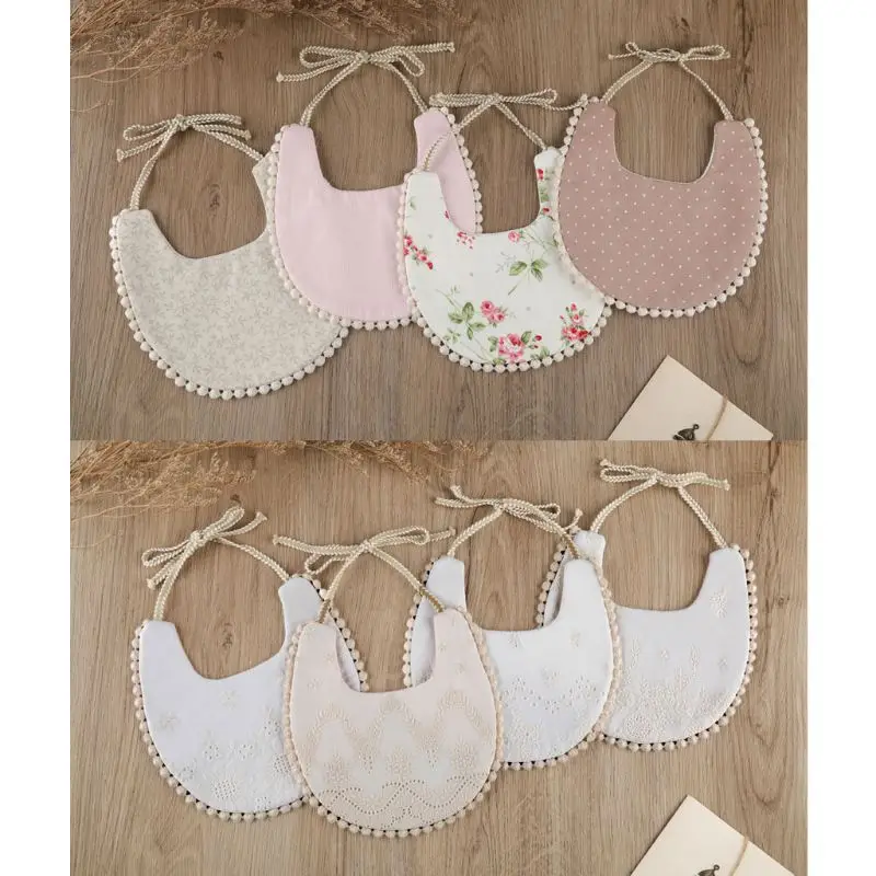 

Baby Cotton Embroidery Double Side Bibs Toddler Fringed and lacing Saliva stylish Towel Feeding Burp Cloths