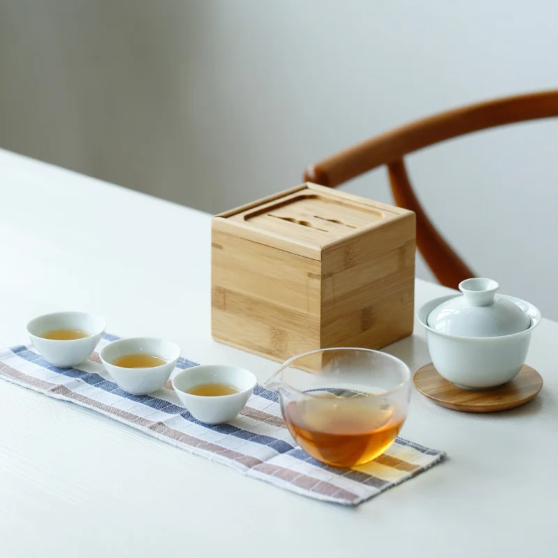 

Tureen Glass Gong Dao Bei Portable Travel Tea Set Quik Glass of Dry Bag Bamboo Boxed Chinese Tea Set Kung fu Tea Set Gaiwan