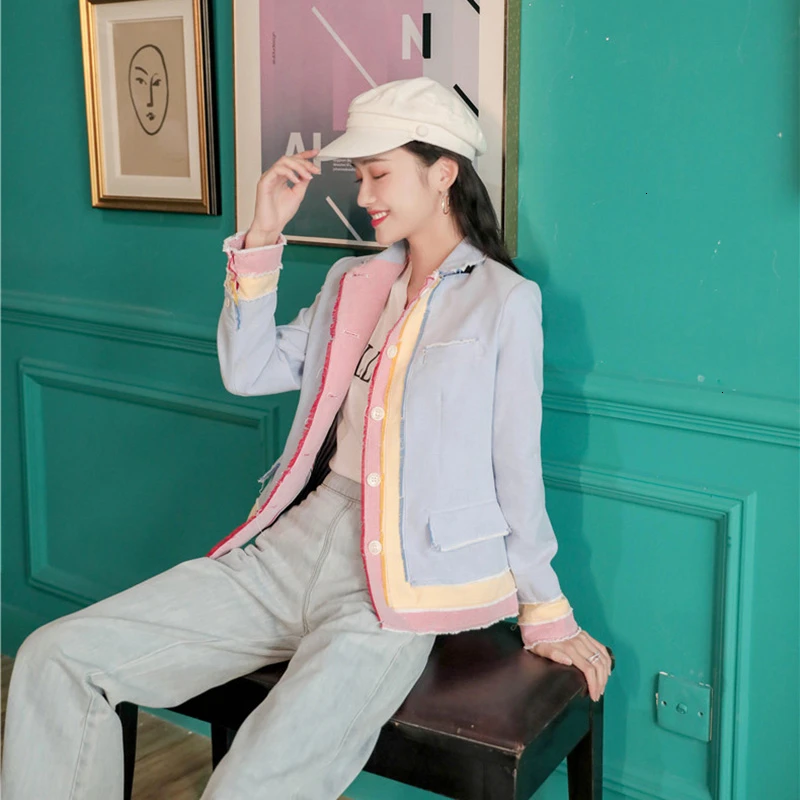 GALCAUR Patchwork Hit Color Women's Blazer Notched Long Sleeve Pockets Korean Female Coats 2019 Autumn Fashion New Clothing | Женская