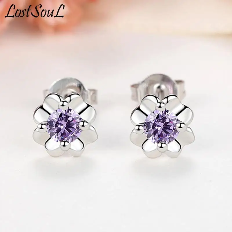 

Hot Selling 925 Sterling Silver New Fashion Jewelry Purple Crystal Zircon Flower Stud Earrings For Women Valentine Birthday Gift