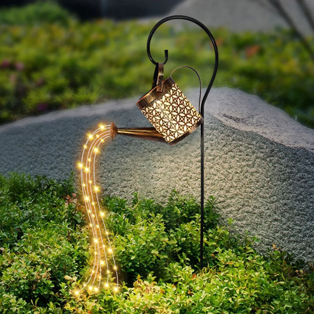 

Wrought Iron Hollow Out Lamp Metal Solar Powered Watering Can Sprinkles Fairy Light LED Outdoor Gardening Ornaments Yard Lamp