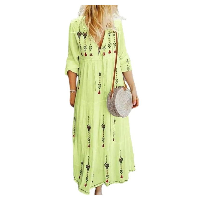 Размера плюс Макси платье для женщин ИД 2021 зеленый Элегантный вышивкой в этническом стиле с длинным рукавом Оман арабский мусульманская од...
