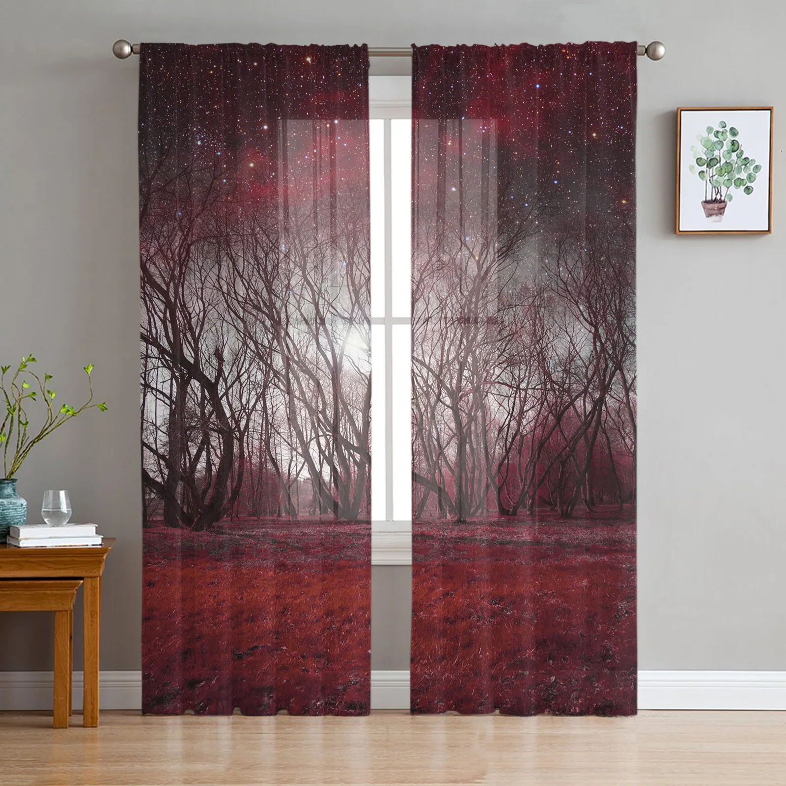 

Тюлевые занавески с изображением красных деревьев, звездного неба, леса, для гостиной, спальни, прозрачные тюлевые занавески, оконные занав...