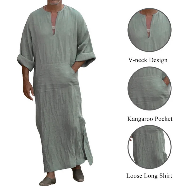 

Fashion Men Shirt Solid Cotton V Neck Linen Button Plain Long Sleeve Tops Pockets Casual Loose Arab Indian Muslim Shirt S-5XL