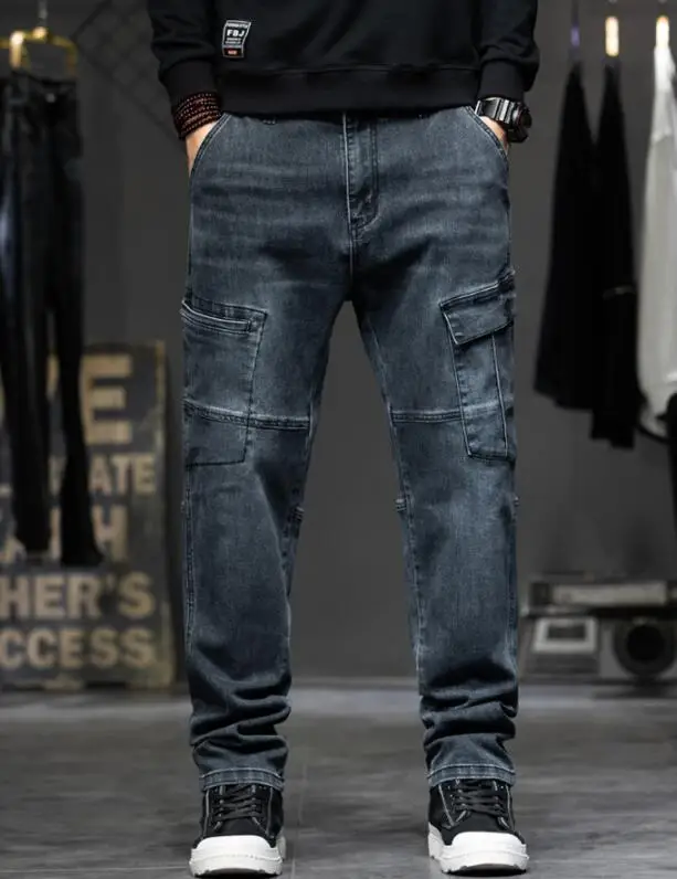 High Waist Jeans Men Stretched Loose Straight Tall Man Denim Trousers Elastic Jeans  Straight Loose Pants