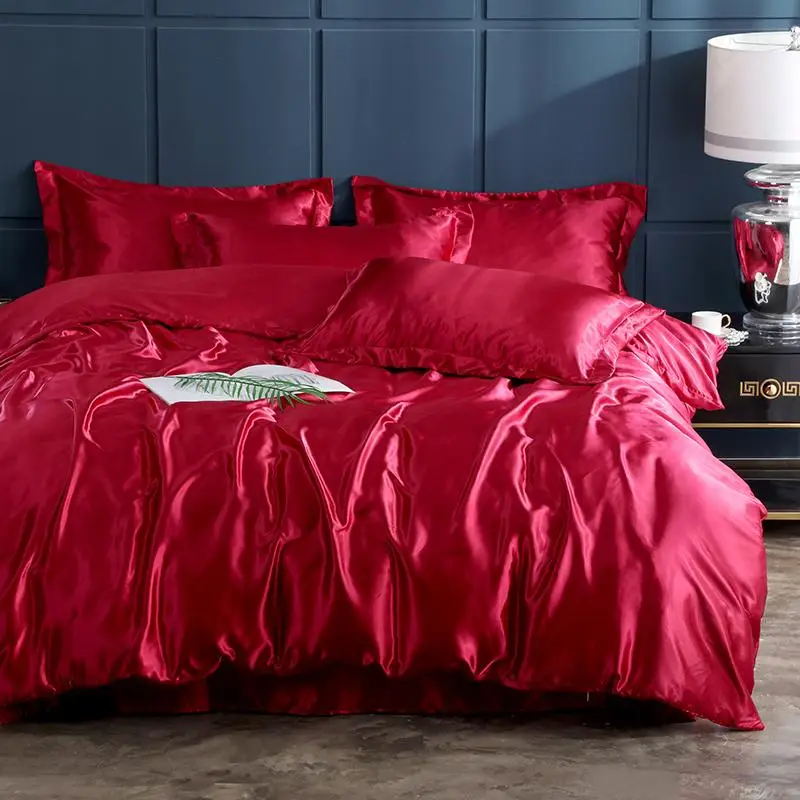 Комплект постельного белья из шелка и атласа комплект Красного 3 предметов с