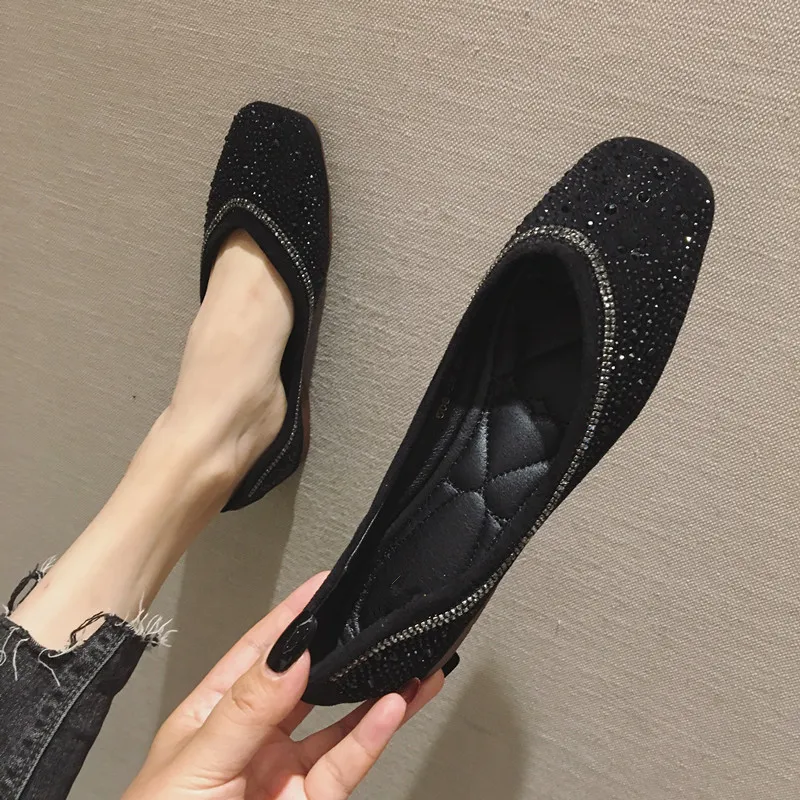Балетки женские с пайетками холщовые туфли на плоской подошве квадратный носок
