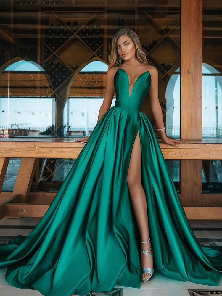 

Royal Blue Prom Party Dresses Evening Sweetheart Front Split Wedding Guest Sexy Formal Long Green Gown Satin Dress