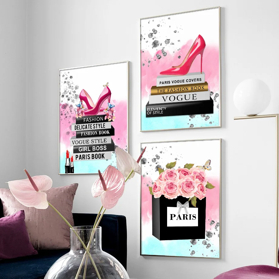 Модная книга на высоком каблуке с бабочкой и цветком настенная живопись холсте