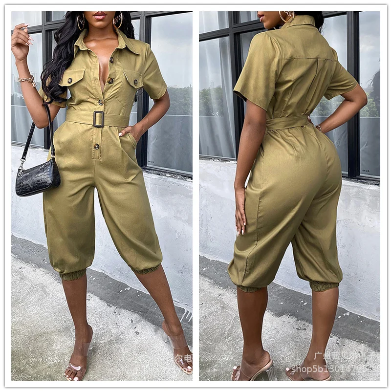 

Женский элегантный прямой комбинезон Mandylandy, женский спортивный однобортный комбинезон с карманами, высокой талией и отложным воротником, б...