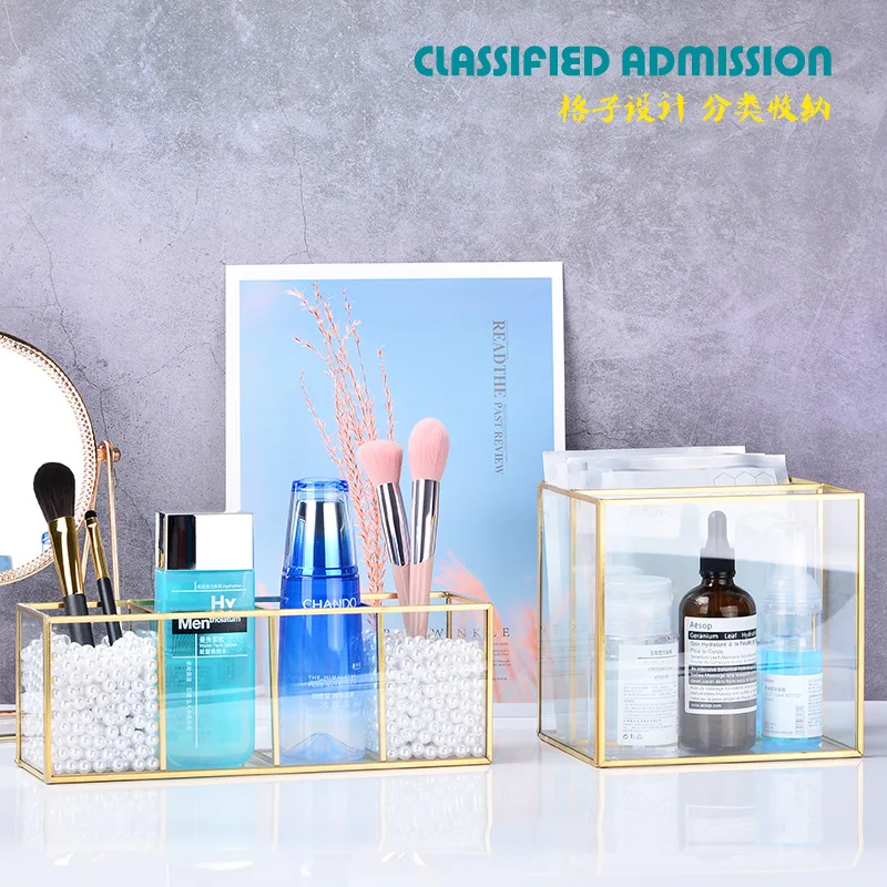 Золотая косметическая коробка для хранения стеклянная решетка лоток ювелирных