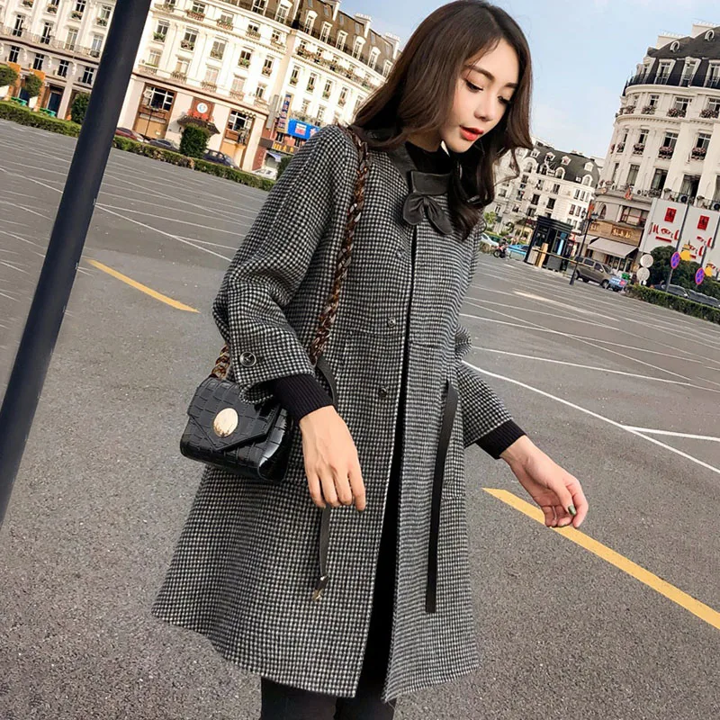 

Blends Women Slim Simple Retro Plaid A-line Single Breasted Koean Style Harajuku Womens Casual O-Neck Coats Ladies Elegant Chic