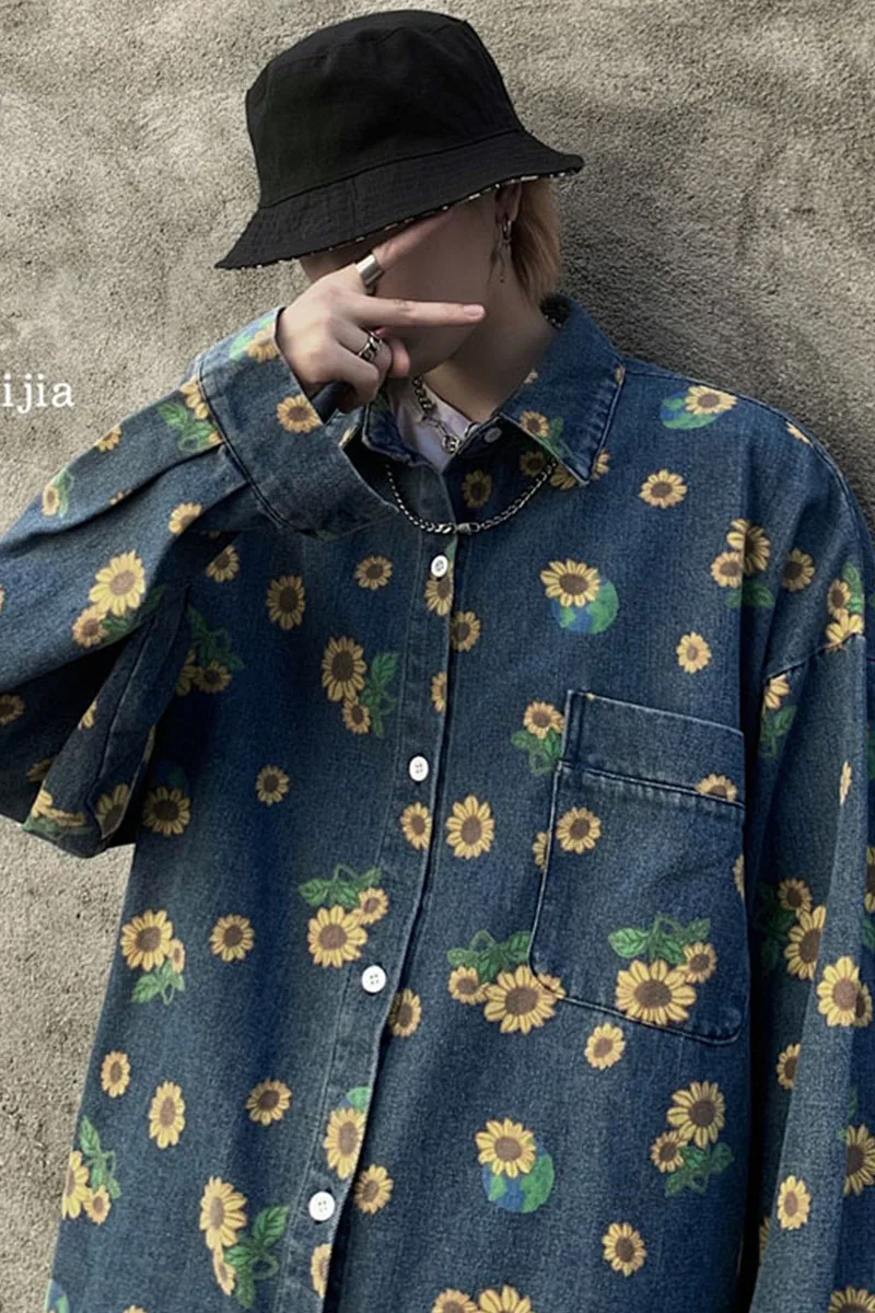 

Denim Shirts Women's Couples Autumn Long Sleeve Coat Sunflower Print Washed Long Sleeve Loose Casual Shirt Top Fashion