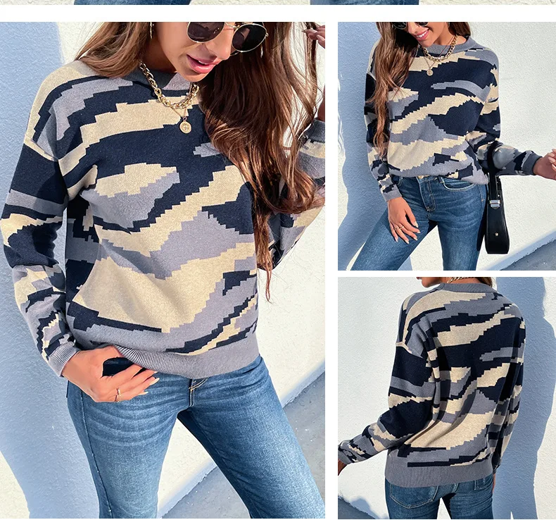 

Fashion Casual Women Streetwear Sweaters Pullover O Neck Knitted Tops Female Knitwear Camouflage Women Sweaters