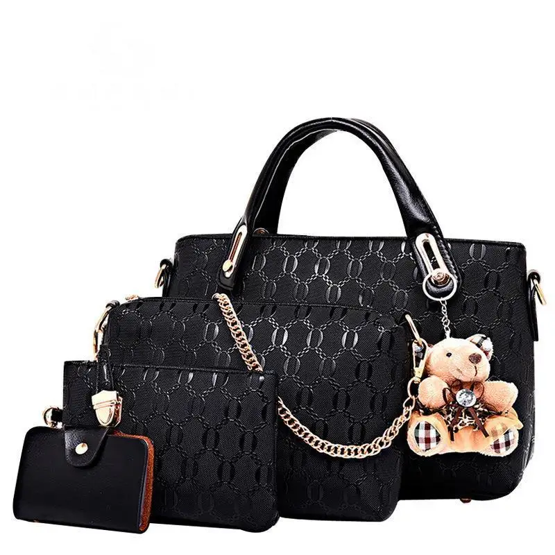 4Pcs Set Elegant Ladies Bear Pendant Handbag Shoulder Bag Girls Fashionable PU Leather Casual Messenger Tote Bag