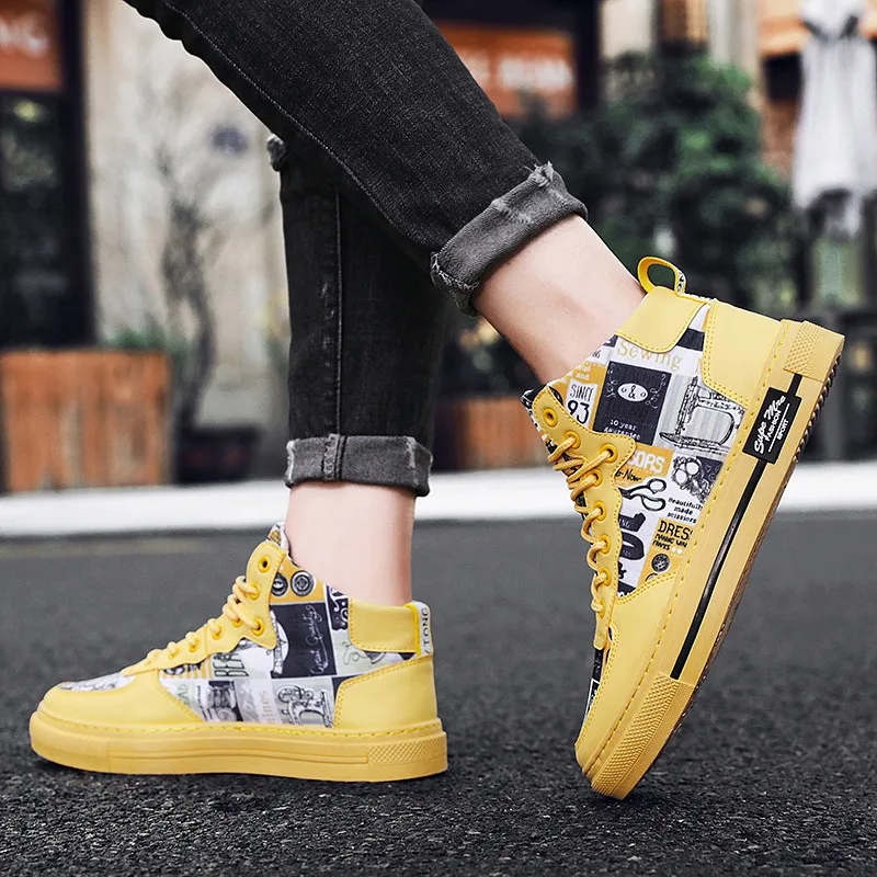 Fashion Graffiti Printed Superstar Skateboard Shoes Men Yellow High top Men Sport Sneakers Platform Women Trainers Skate Shoes