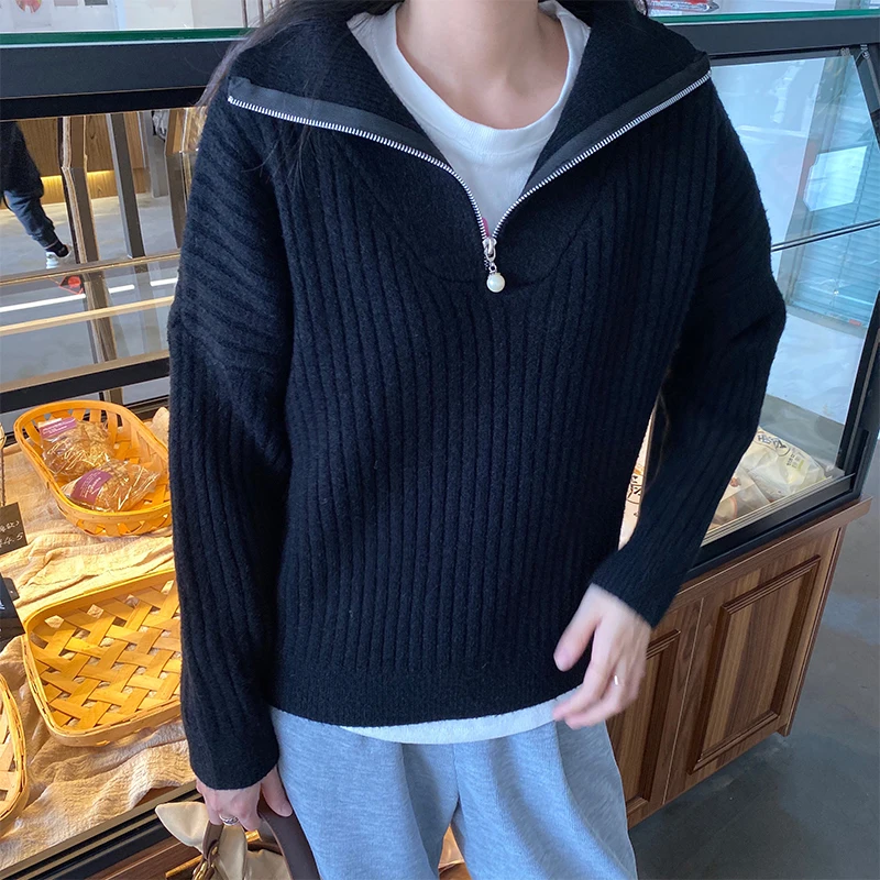 

Pink Pearl zipper Pullover women's autumn winter 2020 new high neck design loose knit shirt sweater turtleneck women