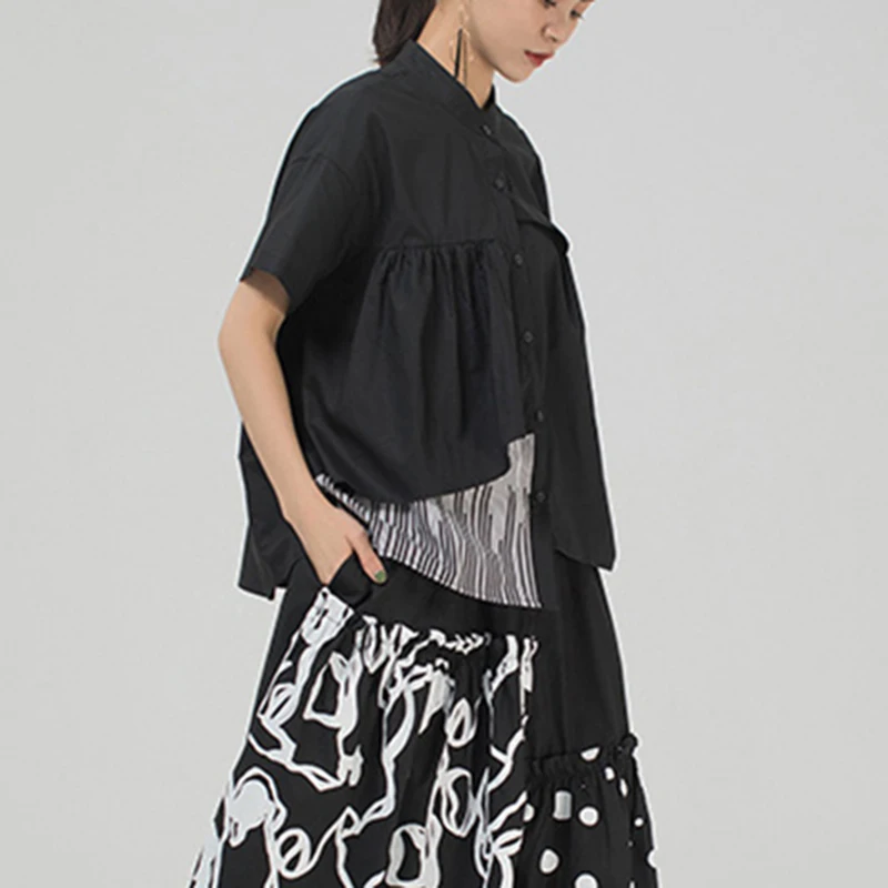 

CHICEVER Casual Black Shirt For Women Stand Collar Short Sleeve Patchwork Ruched Hit Color Blouses Females Clothing 2021 Fashion