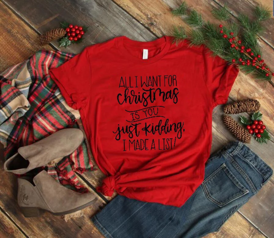 Red-black text Все, что я хочу для рождества, футболка, шучу, смешной слоган, список, женская мода, унисекс, креативный подарок, рубашка, красный хлопок, цитата, футболка, топ - Цвет: Red-black text