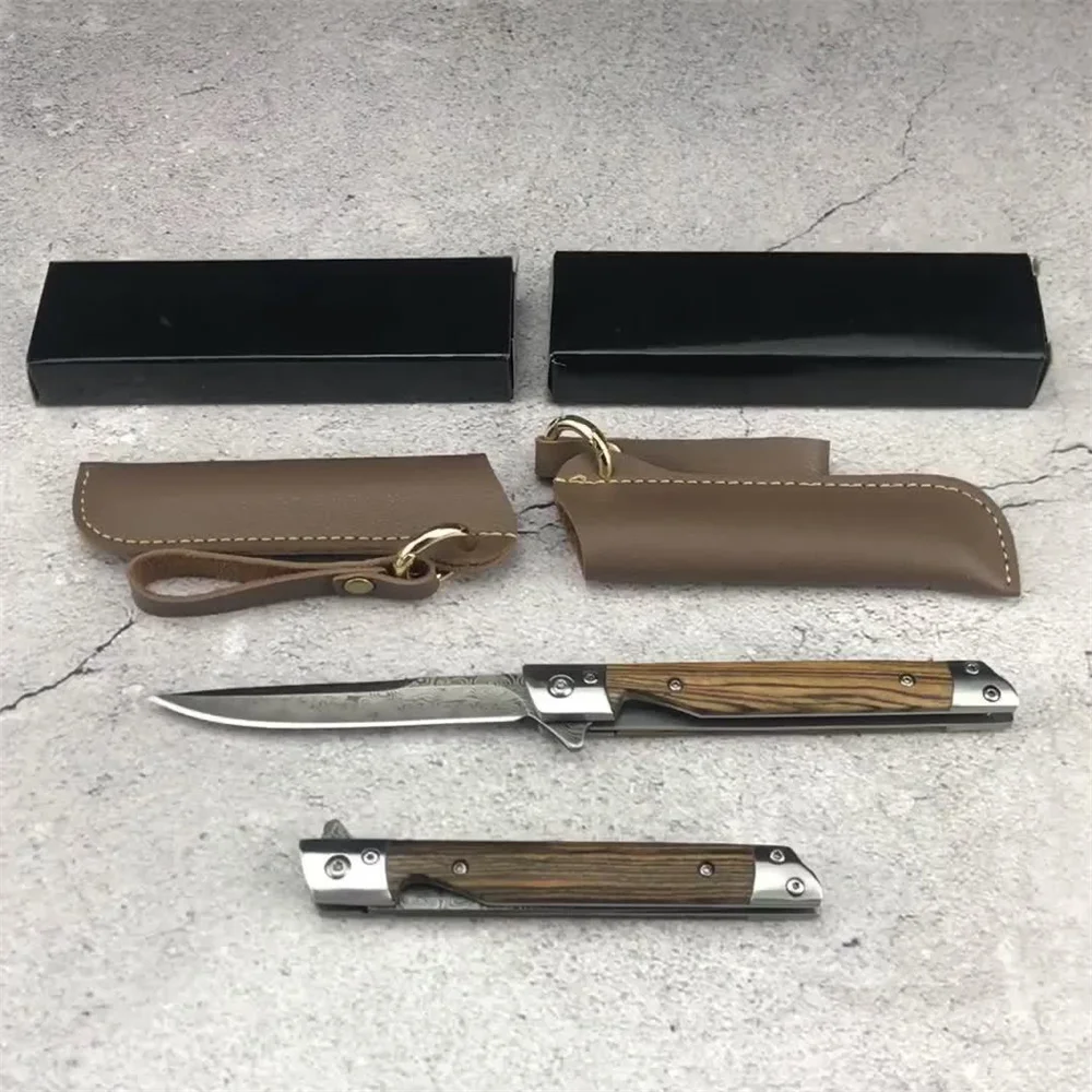

New 5CR18MOV Blade Pocket Folding Surivival Knives Color Wood Steel Handle Camping Edc Utility Self-defense Tool Sheath Leather