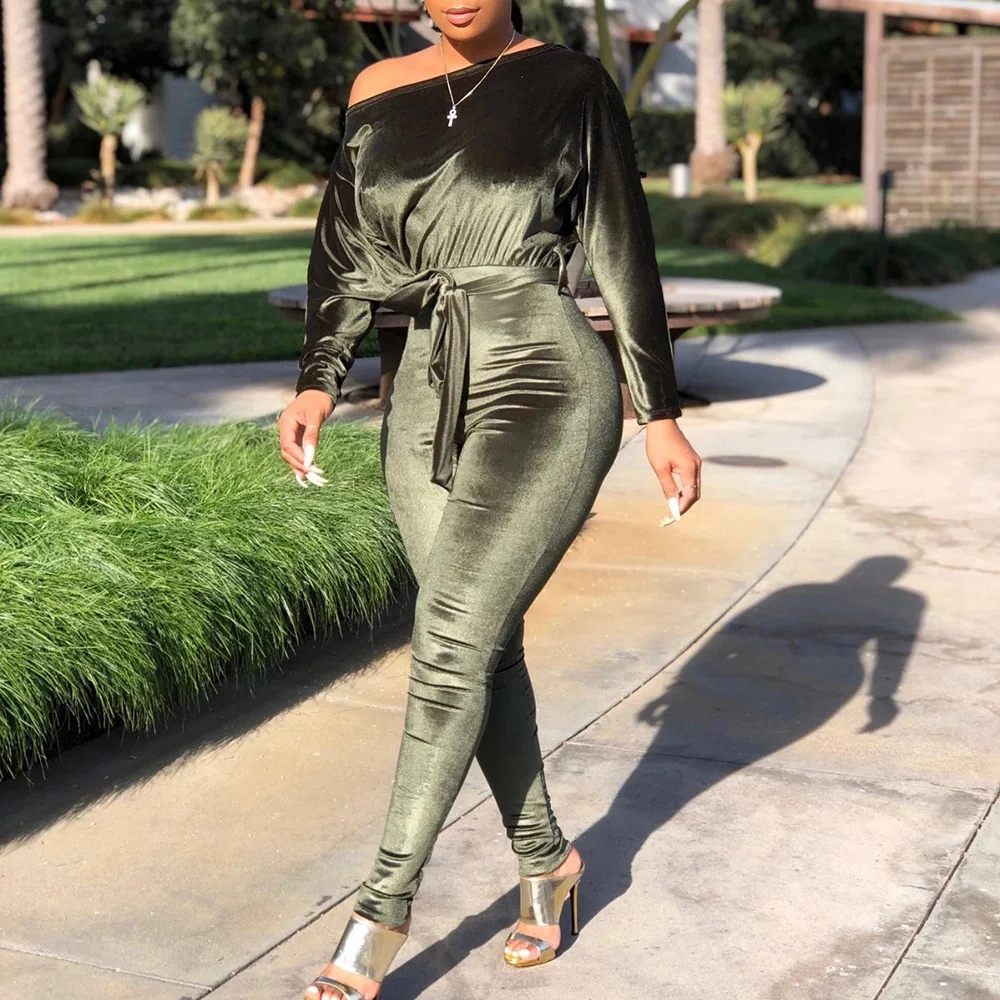 African Fashion Women Skinny Jumpsuits Fall Spring Sexy Solid Green Velvet Causal Female Belt Romper Office Playsuits |