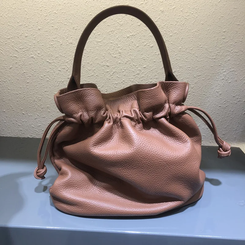 

Real Leather Bucket Bag Brown 2021 New Small Bag Top Quality Soft Cowhide Classic Fold Fashion Casual Versatile Women's Bag
