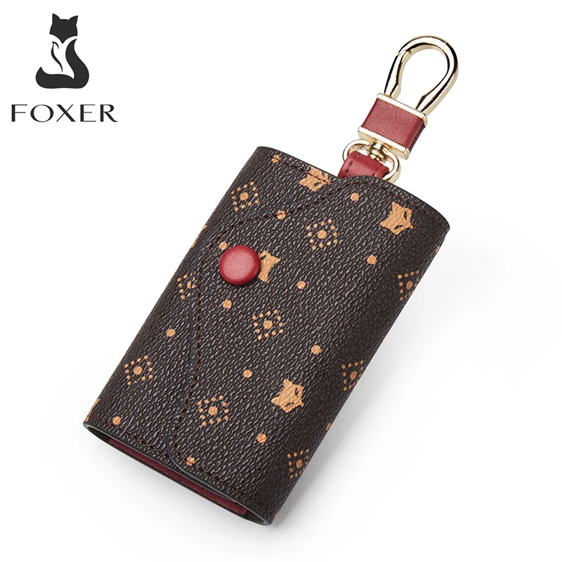 

FOXER PVC Leather Small Key Case for Women Vintage Style Signature Card Bag Casual Girl's Mini Key Bag Monogram Lady Coin Pocket