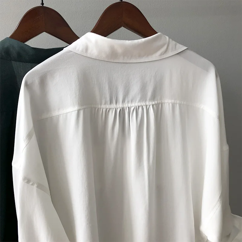 

Chic Solid White Green Shirts Long Sleeve Korean Lyocell Blouse Women Shirt Ladies Tops Bow Tie Hem Blouse Boyfriends Chemisier