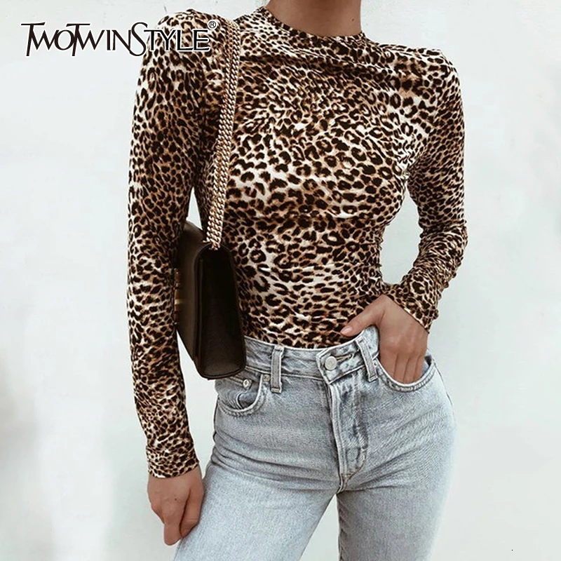 TWOTWINSTYLE осенние леопардовые женские боди с круглым вырезом и длинными рукавами