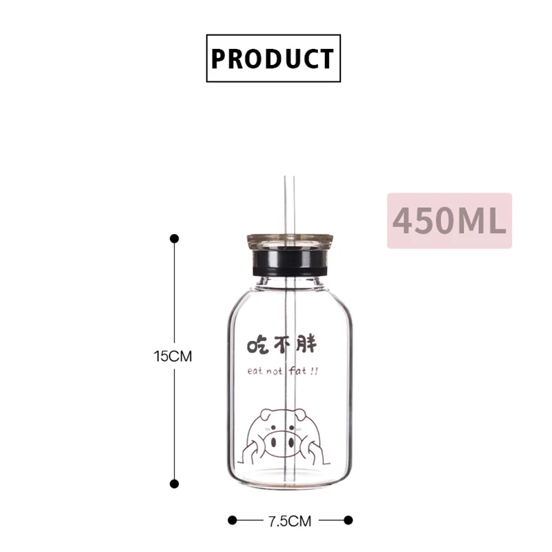 Creative Pig Water Cup Glass Bottles Kawaii Bottle Eco Friendly with a Straw Glasses Cute My Cups Waterbottle | Дом и сад