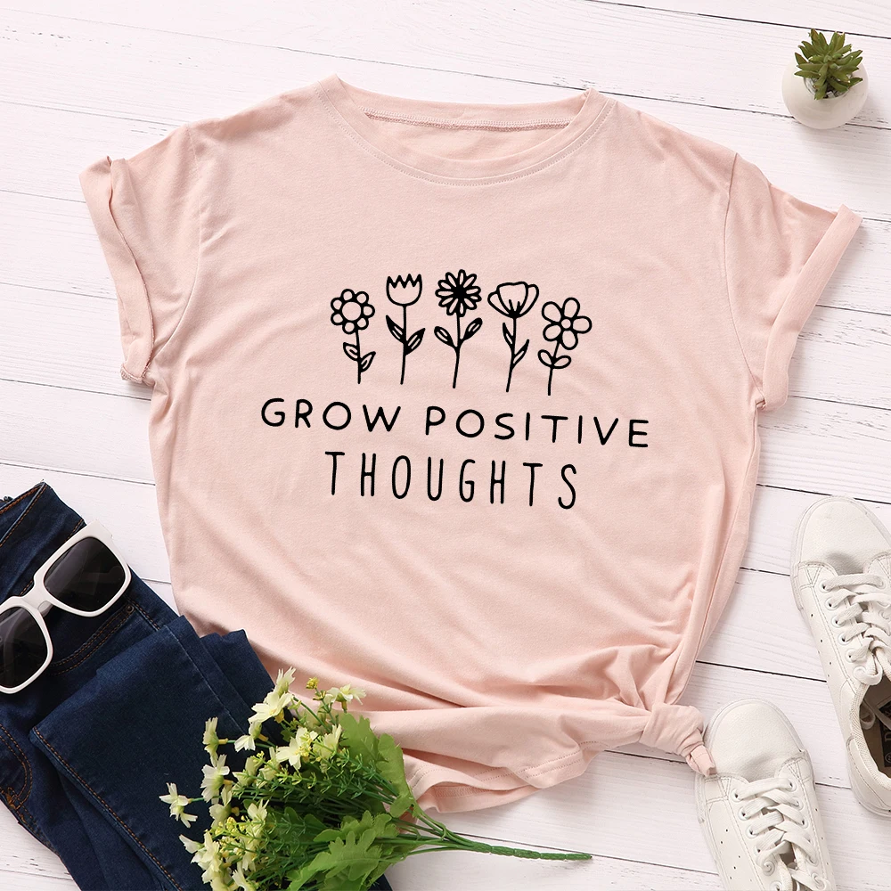 

Flowers Grow Positive Thoughts Graphic T Shirts for Women Cotton Short Sleeve Tee Female Shirt Tops Summer Casual Clothes Gifts
