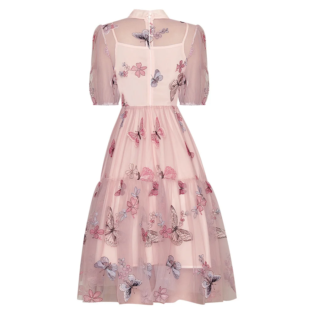 

EXCELLENT QUALITY Fashion 2021 Designer Runway Stand-Up Collar Short-Sleeved See-Through Butterfly Embroidery Flower Fluffy Dre