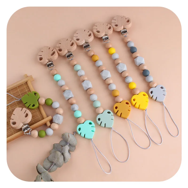 

Leaf Beech Wooden Pacifier Clip Chain Eco-friendly Silicone Beads Pacifier Nipple Holder Dummy Clip