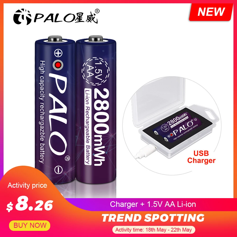 PALO 1 5 V AA 2800mWh перезаряжаемый аккумулятор 2A aa лития ионный Литий ионные