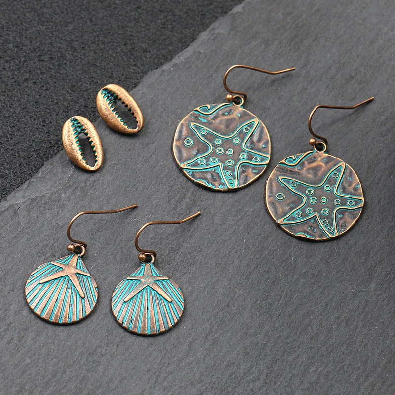Ethnic Patina Green Sea Earring Cowrie Shell Scallop Sand Dollar Charm Dangle Drop Bohemia Beach Women Jewelry | Украшения и