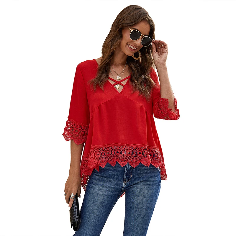 Женская шифоновая блузка CINESSD повседневная Кружевная туника с перекрестным