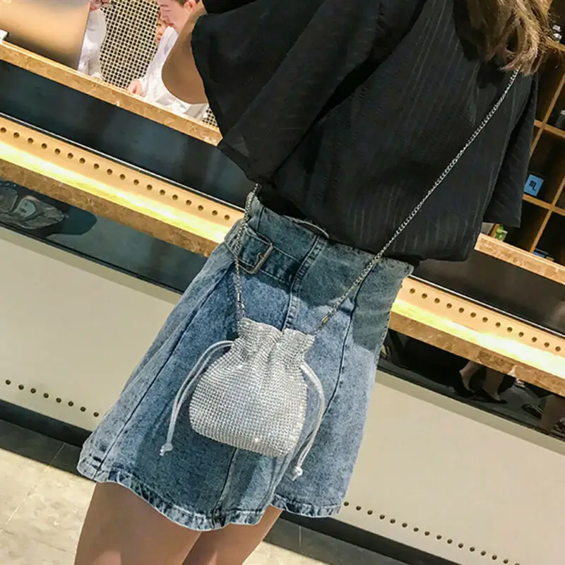 

Fashion Women Diamonds Handle Bag PU Leather Bucket Bag Diamonds Chain Shoulder Messenger Bag