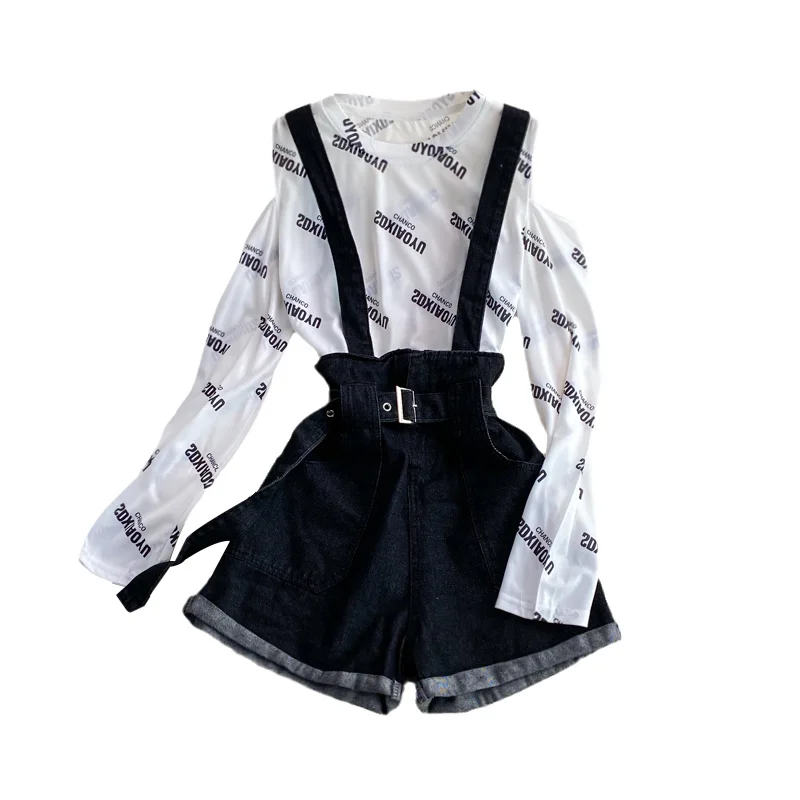 

Summer Letter Printed Off Shoulder Sunscreen Shirt Top + High Waist Slim Denim Strap Shorts Overalls Women Two Piece jeans Suit