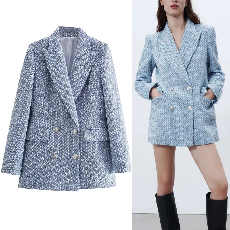 

TRAF 2021 Blue Blazer Women Double Breasted Tweed Suit Woman Textured Casual Long Sleeve Fitted Coat Autumn Female Blazer